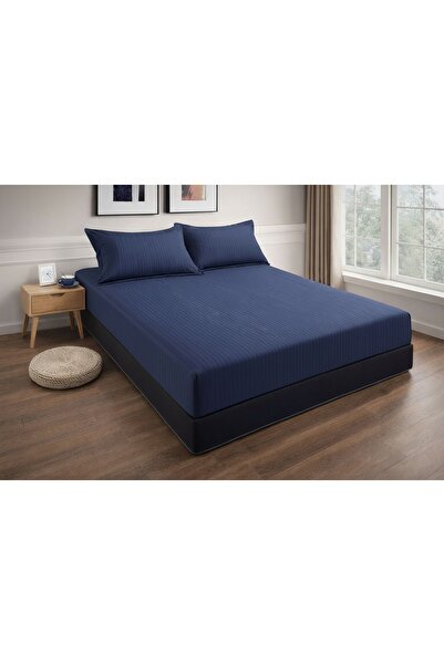 Cuvertură de pat cu elastic + 2 fețe de pernă, 180x200 cm, damasc din bumbac , culoare bleumarin
