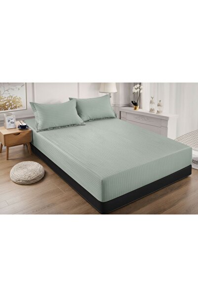 Cuvertură de pat cu elastic + 2 fețe de pernă, 180x200 cm, damasc din bumbac , culoare verde mentă