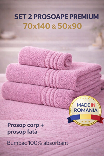 Set de 2 prosoape de bumbac premium pentru hotel, 100% bumbac, 600g/m2, 70x140cm + 50x90cm, Fabricat în România