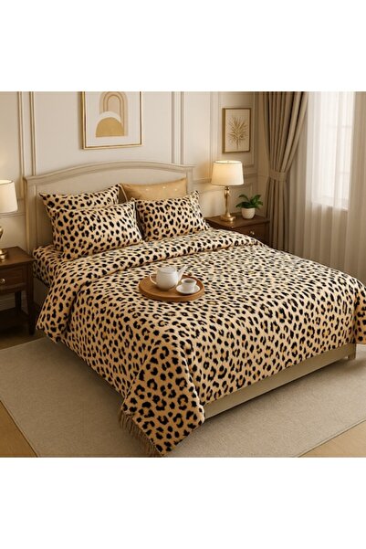 Set de lenjerie de pat dublu, 6 piese, imprimeu leopard, bumbac moale, 200x230 cm, bej/auriu