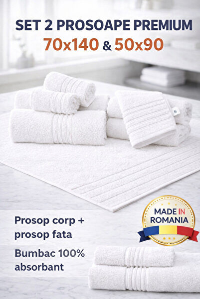 Set de 2 prosoape de bumbac premium pentru hotel, 100% bumbac, 600g/m2, 70x140cm + 50x90cm, Fabricat în România
