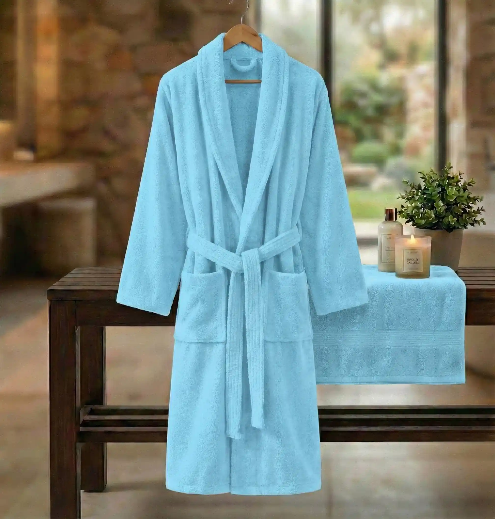 HALAT DE BAIE VELUR 100% BUMBAC (BLEU)