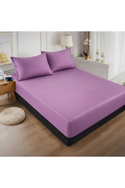 Cuvertură de pat cu 2 fețe de pernă, damasc cu dungi , culoare liliac violet, 180x200