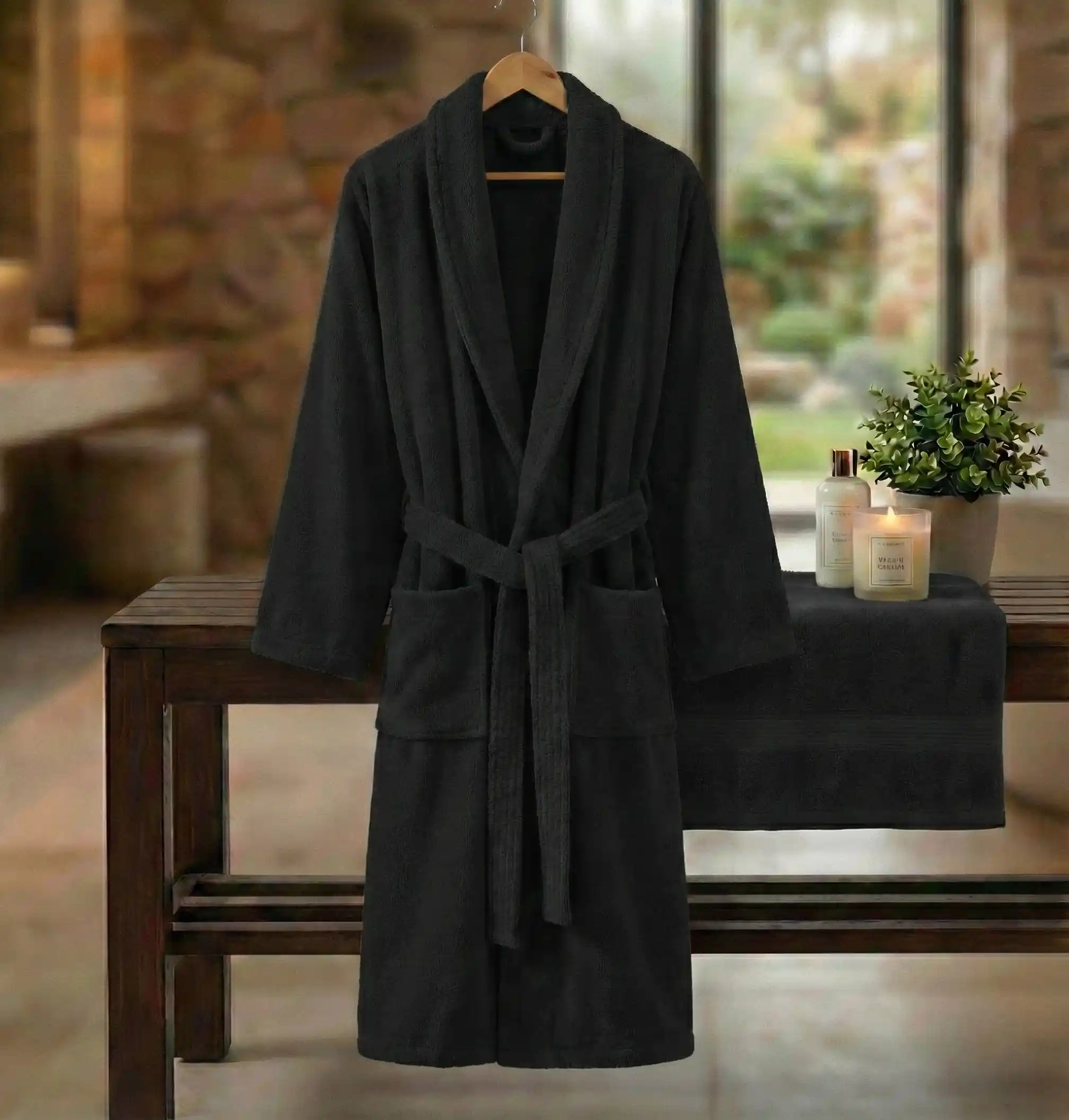HALAT DE BAIE VELUR 100% BUMBAC – XXL (NEGRU)