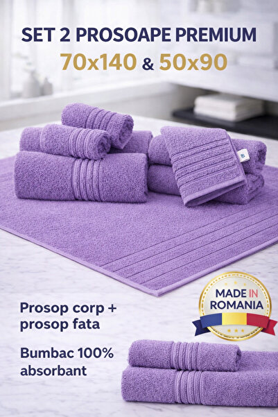 Set de 2 prosoape de bumbac premium pentru hotel, 100% bumbac, 600g/m2, 70x140cm + 50x90cm, Fabricat în România