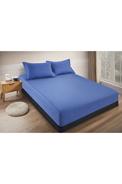 Cuvertură de pat cu elastic + 2 fețe de pernă, 180x200 cm, damasc din bumbac , culoare albastru regal