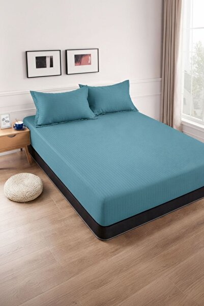 Cuvertură de pat cu elastic + 2 fețe de pernă, 180x200 cm, damasc din bumbac , culoare albastru petrol