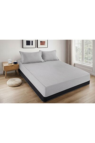 Cuvertură de pat cu elastic + 2 fețe de pernă, 180x200 cm, gri deschis, damasc din bumbac