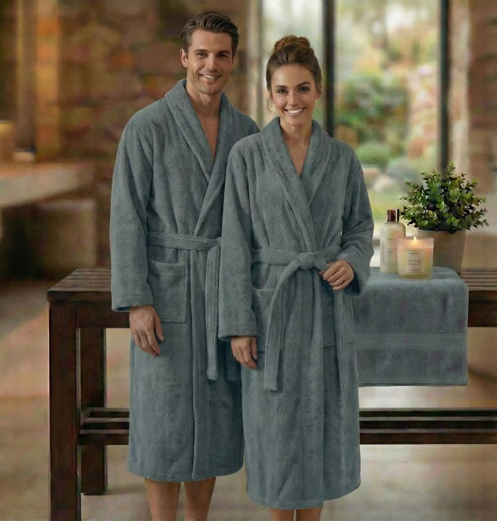 HALAT DE BAIE VELUR 100% BUMBAC – XXL (GRI) miniatura 2