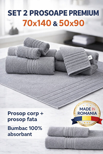 Set de 2 prosoape de bumbac premium pentru hotel, 100% bumbac, 600g/m2, 70x140cm + 50x90cm, Fabricat în România