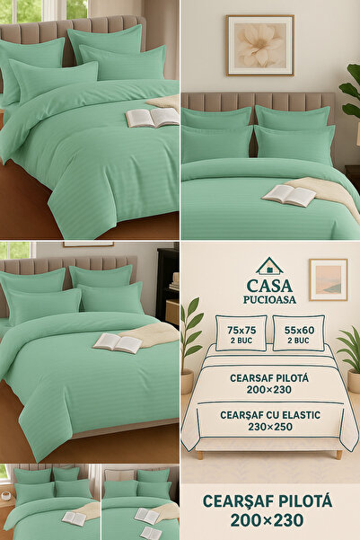 Lenjerie de pat 6 piese-damasc finet verde menta, dungi satinate ,bumbac 100%