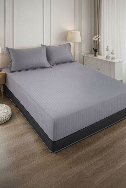 Cuvertură de pat cu elastic + 2 fețe de pernă, 180x200 cm, damasc din bumbac , gri antracit