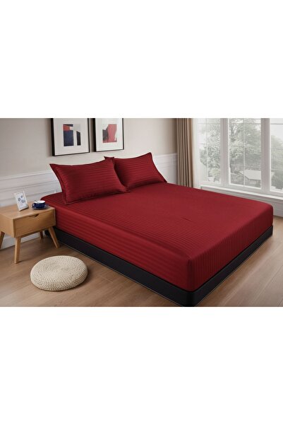 Cuvertură de pat cu elastic + 2 fețe de pernă, 180x200 cm, damasc din bumbac , culoare cireș