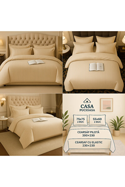 Lenjerie de pat Crem,Casa Pucioasa -Bumbac Damasc ,6 piese ,lux hotelier