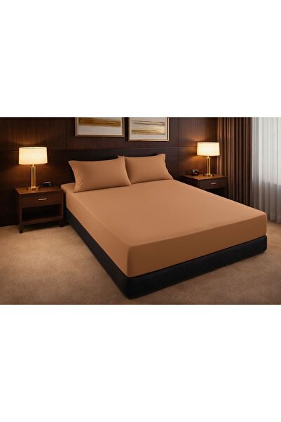 Cuvertură de pat cu elastic + 2 fețe de pernă, 180x200, damasc din bumbac , culoare cappuccino