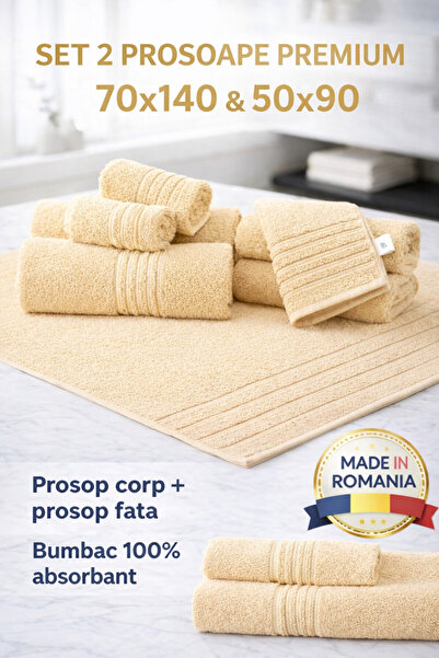 Set de 2 prosoape de bumbac premium pentru hotel, 100% bumbac, 600g/m2, 70x140cm + 50x90cm, Fabricat în România